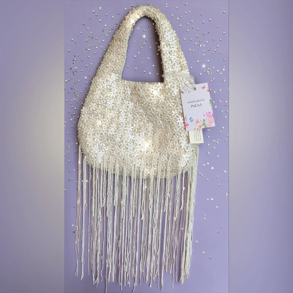 Handcrafted Ivory Beaded Fringe Bag A VIRAL SENSATION! Brand New with Tags!